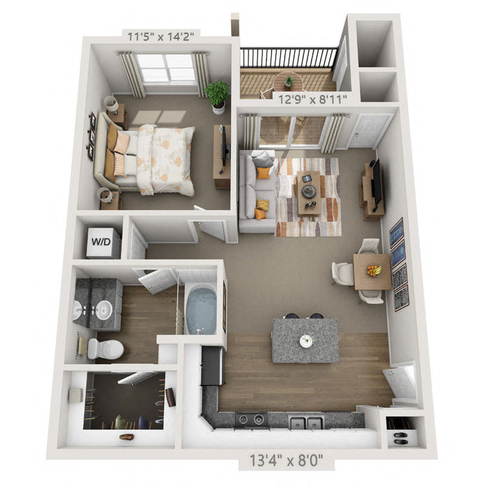 Floor plan for 1 bed, 1 bath, 725 sqft